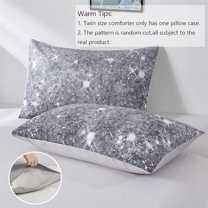 Grey Glitter Comforter Set Full/Queen Size for Boys Teen, Sparkle Galaxy Twinkle Starlight Comforter for Kids Adult, 3 Piece Black Grey Ombre Bedding Set with 2 Pillow Cases(Grey,Queen)