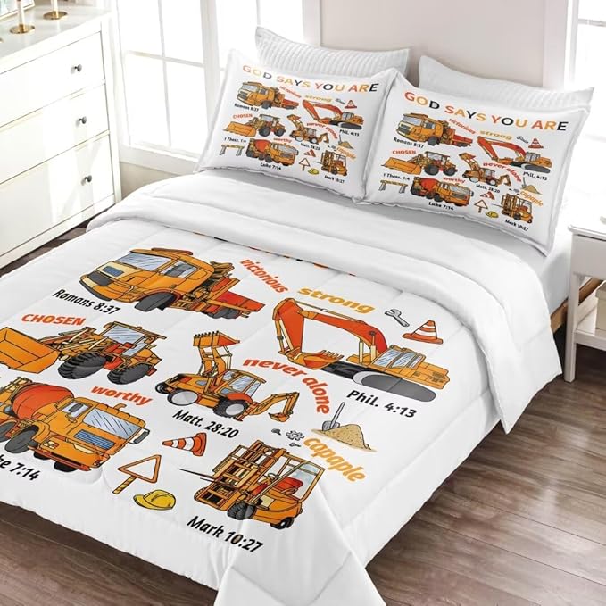 Kids Construction Vehicles Truck Comforter for Boys Twin,Cartoon Car Excavator Tractor Bedding Set,Construction Christian Spirational Quotes Comforter with 2 Pillowcases White