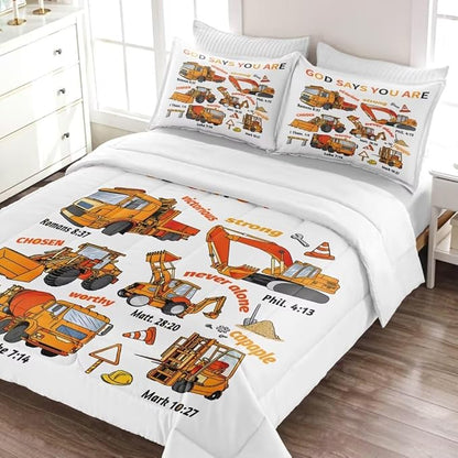 Kids Construction Vehicles Truck Comforter for Boys Twin,Cartoon Car Excavator Tractor Bedding Set,Construction Christian Spirational Quotes Comforter with 2 Pillowcases White