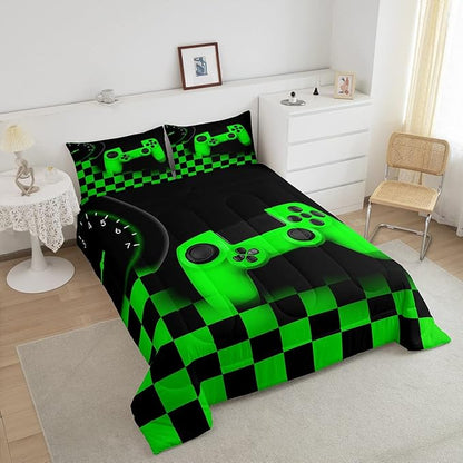Gamer Comforter Set for Boys Home Decor Full 3pcs,Green Buffalo Plaid Check Novelty Bedding Set Microfiber Soft,Game Reversible Warm Duvet Insert,Gaming Gamepad Down Comforter with 2 Pillowcases