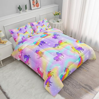 Datura home Unicorn Rainbow Comforter Bedding Set for Girls Kids Children Teens,Sky Glitter Star Colorful Bedding Set with 1 Comforter and 2 Pillowcases(Unicorn3 Full)
