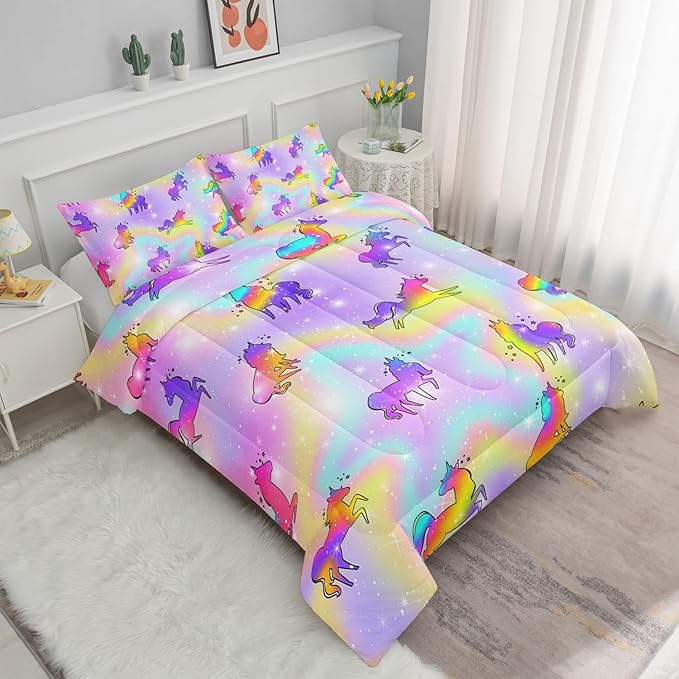 Datura home Unicorn Rainbow Comforter Bedding Set for Girls Kids Children Teens,Sky Glitter Star Colorful Bedding Set with 1 Comforter and 2 Pillowcases(Unicorn3 Queen)