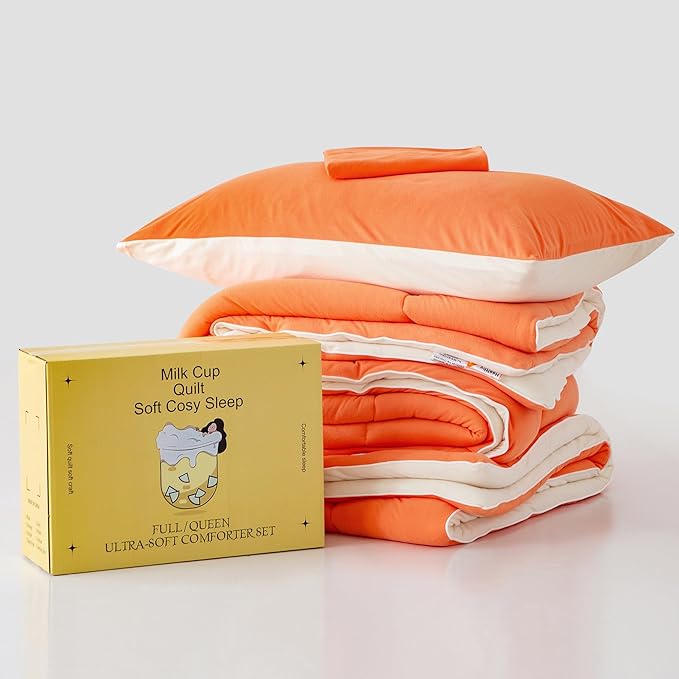 COTTEBED Reversible Ultra-Soft Bright Orange and Beige Comforter Set Queen, Jersey Knit T-Shirt Feel Bedding Blanket Down Conforters Sets & Pillowsham for Men Women All Season Use, Full/Queen Size Bed