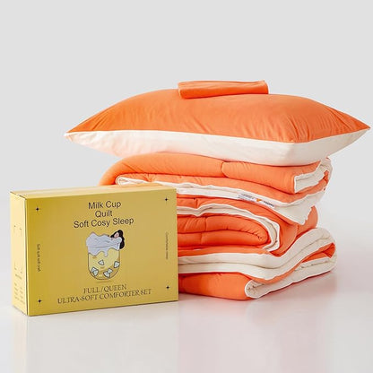 COTTEBED Reversible Ultra-Soft Bright Orange and Beige Comforter Set Queen, Jersey Knit T-Shirt Feel Bedding Blanket Down Conforters Sets & Pillowsham for Men Women All Season Use, Full/Queen Size Bed