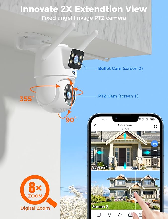 Hiseeu Wireless Security Camera Dual Lens 5G/2.4G WiFi PTZ Camera Outdoor,Power Cord,IP65 Waterproof Motion Tracking,Color Night Version, No-Monthly Fees Works with Wireless Camera System