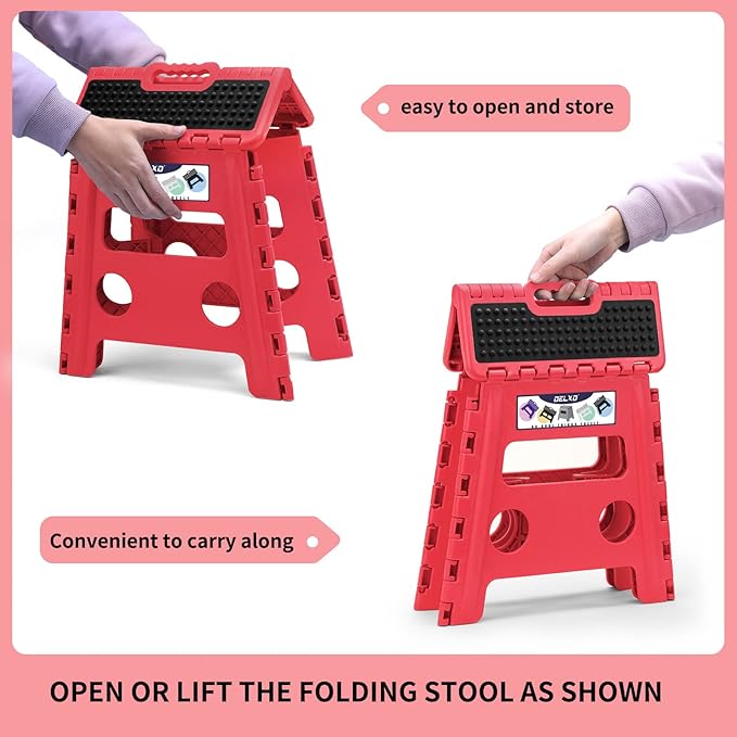 Delxo Folding Step Stool,Non-Slip Stool 13 inch Height Premium Heavy Duty Foldable Stool for Kids and Adults,Kitchen Garden Bathroom Stepping Stool 1 Pack in Red,2021 Upgrade Dotted Texture