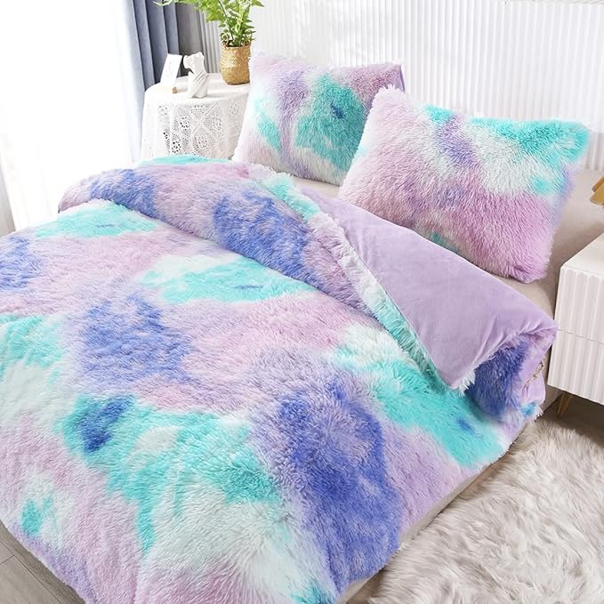 WINLIFE Shaggy Bedding Comforter Set Faux Fur Flannel Furry Comforter Microfiber Plush Comforter Sets Pastel Gradient Ombre Tie Dye MultiColor Bedding for Girls Adults (3Pcs, Full, Teal Purple)
