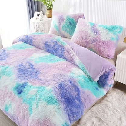 WINLIFE Shaggy Bedding Comforter Set Faux Fur Flannel Furry Comforter Microfiber Plush Comforter Sets Pastel Gradient Ombre Tie Dye MultiColor Bedding for Girls Adults (3Pcs, Full, Teal Purple)