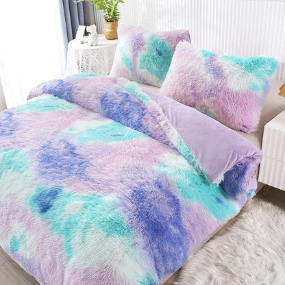 WINLIFE Shaggy Bedding Comforter Set Faux Fur Flannel Furry Comforter Plush Comforter Sets Pastel Gradient Ombre Tie Dye Purple Blue Teal Bedding for Girls Adults (3Pcs, Twin, Teal Purple)