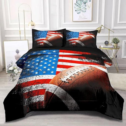 American Football Comforter Set for Boys Teens,Kids Sports Bedding Set Queen Size,USA Flag Football Printed Bedroom Sets with 2 Matching Pillow Shams