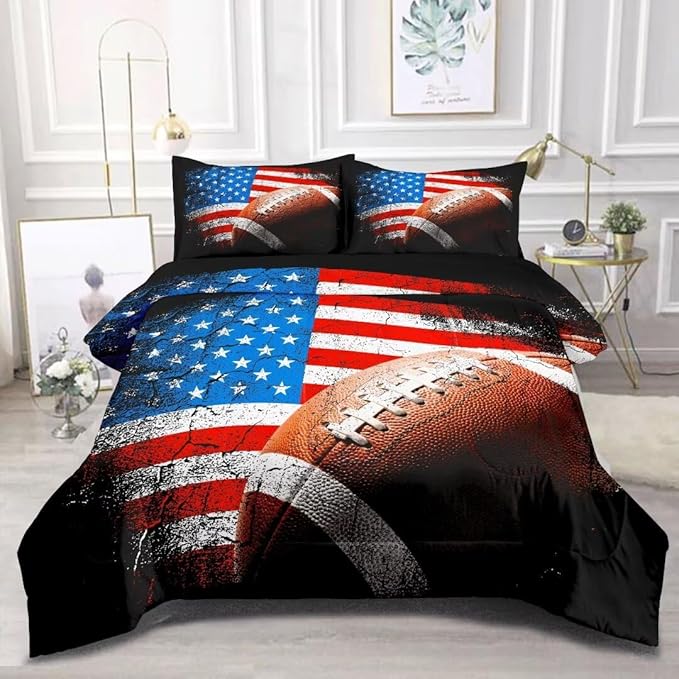 American Football Comforter Set for Boys Teens,Kids Sports Bedding Set Full Size,USA Flag Football Printed Bedroom Sets with 2 Matching Pillow Shams