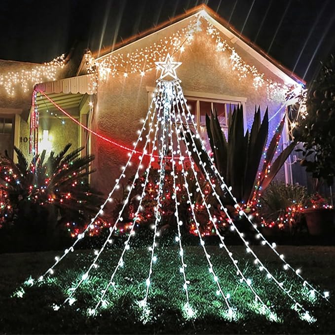 Aokudoni Christmas Decorations Outside, 12.6FT 350 LED 8 Modes Star Christmas Lights Outdoor, Christmas Lights for House Yard Porch Holiday Decoration, Cool White