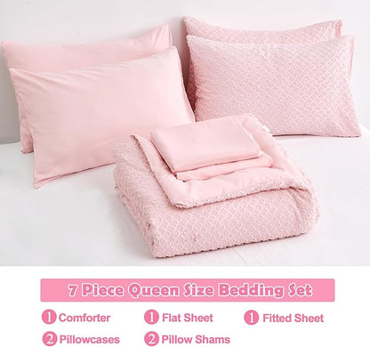Queen Size Tufted Kids Comforter Set 7 Piece Pink Jacquard Tufts Embroidery Bedding Set for Boys Girls Bed in A Bag Quilt with 1 Comforter, 1 Flat Sheet, 1 Fitted Sheet, 2 Pillowcase and 2 Pillow Sham