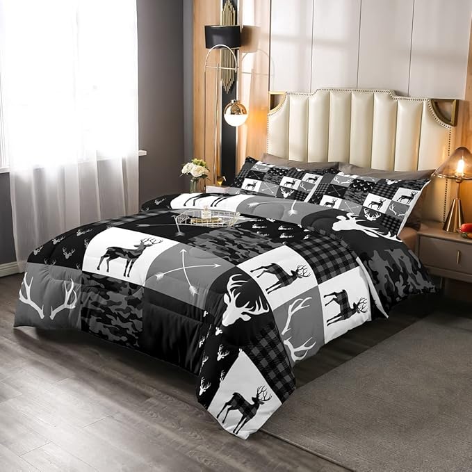 Camo Deer Comforter Set King Size,Western Rustic Farmhouse Xmas Bedding Set,Kids Boys Girls Room Decor,Antlers Arrows Geometric Plaids Comforter,Black Grey Retro Duvet Insert,3pcs,2 Pillowcases