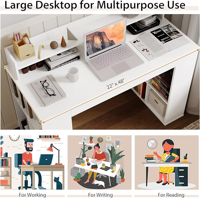 Computer Desk with Bookshelf, 48” Home Office Desk with 2 Open Shelves of 10 Cubbies, Monitor Shelf, Writing Desk Computer Workstation for Home, Office, Bedroom