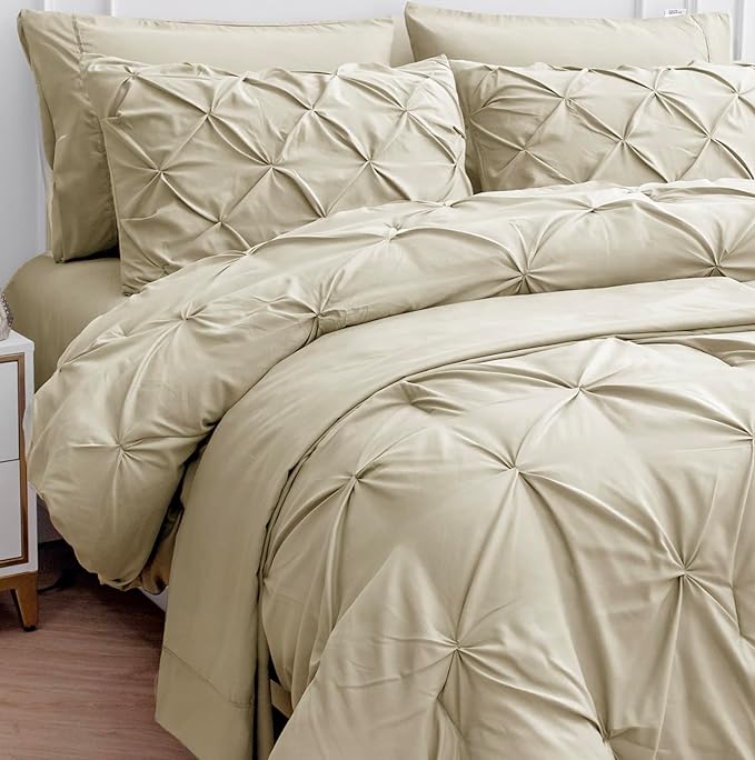 LANE LINEN Twin Comforter Set, 5 Piece Twin Size Bed in a Bag Sets, Pintuck Bedding Sets & Collections with Down Alternative Comforter, Sheets, Pillowcases & Shams, Ultra Soft Twin Bed Set - Linen