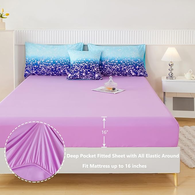 PERFEMET Queen Comforter Set with Sheets, 6 Pcs Blue Purple Girls Bedding Set, Tie Dye Rainbow Comforter for Queen Size Bed, Colorful Ombre Bedroom Decor Bed in A Bag for Teens Girls