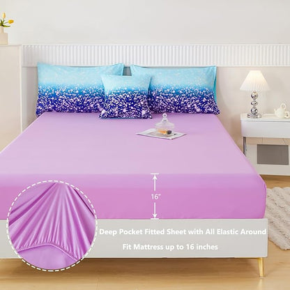 PERFEMET Blue Purple Girls Twin Comforter Set with Sheets, 6Pcs Glitter Tie Dye Rainbow Kids Girls Bedding Sets, Sparkle Gradient Ombre Bed in A Bag for Bedroom Decor