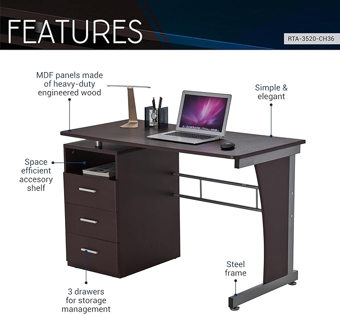 Techni Mobili Drawers Computer Desk, 48" W x 23" D x 30" H, Chocolate