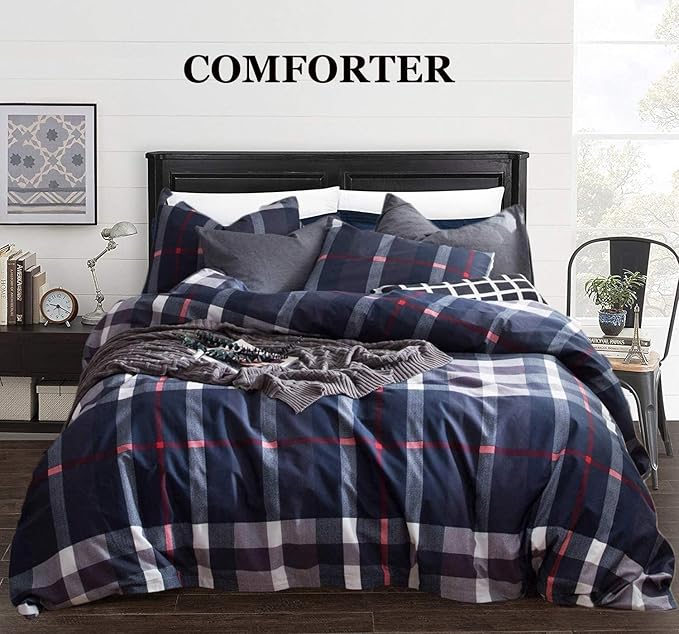 Navy Plaid Comforter Set Full Multicolor Checkered Bedding Quilt Set Navy Blue Tartan Grid Comforter Striped Blanket for Women Teens Adult Navy Checkered Plaid Comforter