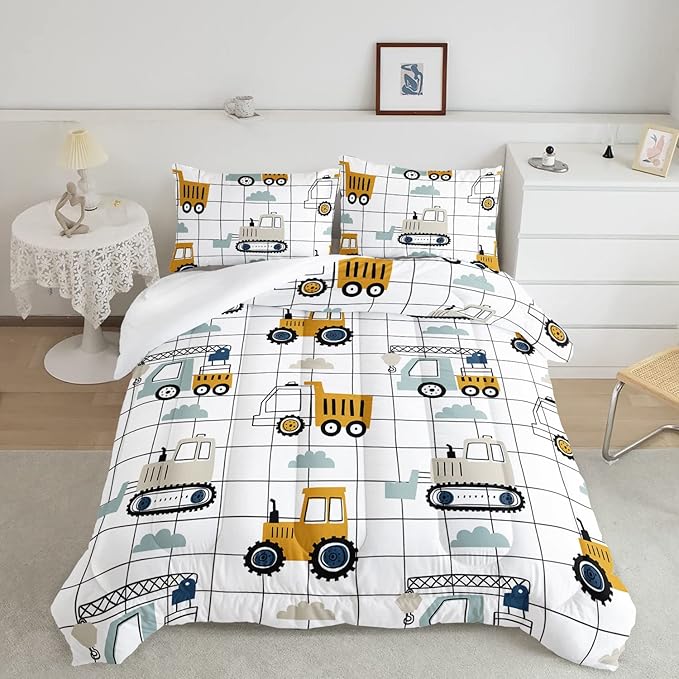 Datura home Construction Truck Set for Boys Kids Children, Machinery Excavators Vehicles Cartoon Tractor Bedding with 1 and 2 Pillowcases(ConstructionTruck Full), Full 80x90inches
