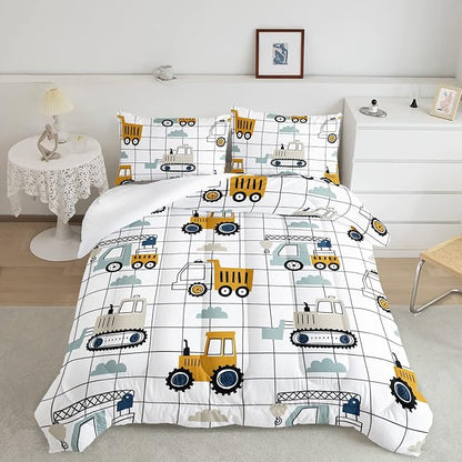 Datura home Construction Truck Comforter Set for Boys Kids Children, Machinery Excavators Vehicles Cartoon Tractor Bedding with 1 and 2 Pillowcases(Construction Queen 90x90inches)