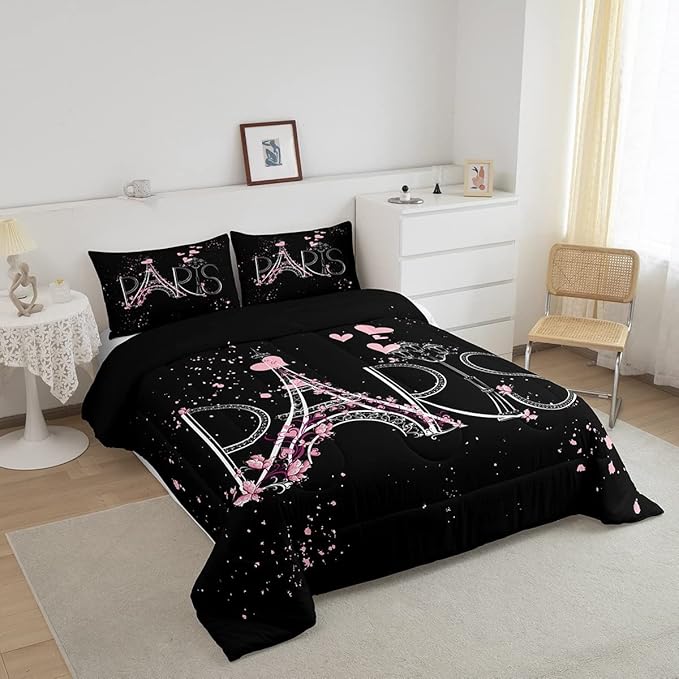 Eiffel Tower Comforter Set Chic Paris Bedding Set Romantic Theme Comforter for Boys Girls Children Teens Black Pink Bedroom Decor Modern French Style Duvet Set Full Size with 2 Pillow Case