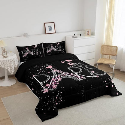 Eiffel Tower Comforter Set Chic Paris Bedding Set Romantic Theme Comforter for Boys Girls Children Teens Black Pink Bedroom Decor Modern French Style Duvet Set Queen Size with 2 Pillow Case