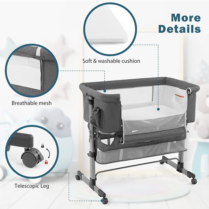Bedside Crib,3 in 1 Baby Crib Adjustable Portable Bed for Infant,Baby Bassinet with Mosquito net Baby Newborn Must Have Bed,Grey