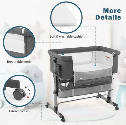 Bedside Crib,3 in 1 Baby Crib Adjustable Portable Bed for Infant,Baby Bassinet with Mosquito net Baby Newborn Must Have Bed,Grey