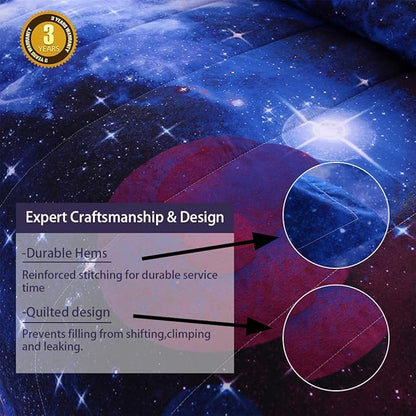 JQinHome Twin Galaxy Comforter Sets Blanket, 3D Outer Space Themed Bedding, All-Season Reversible Quilted Duvet, for Children Boy Girl Teen Kids - includes 1 Comforter, 1 Pillow Sham (Dark Blue)