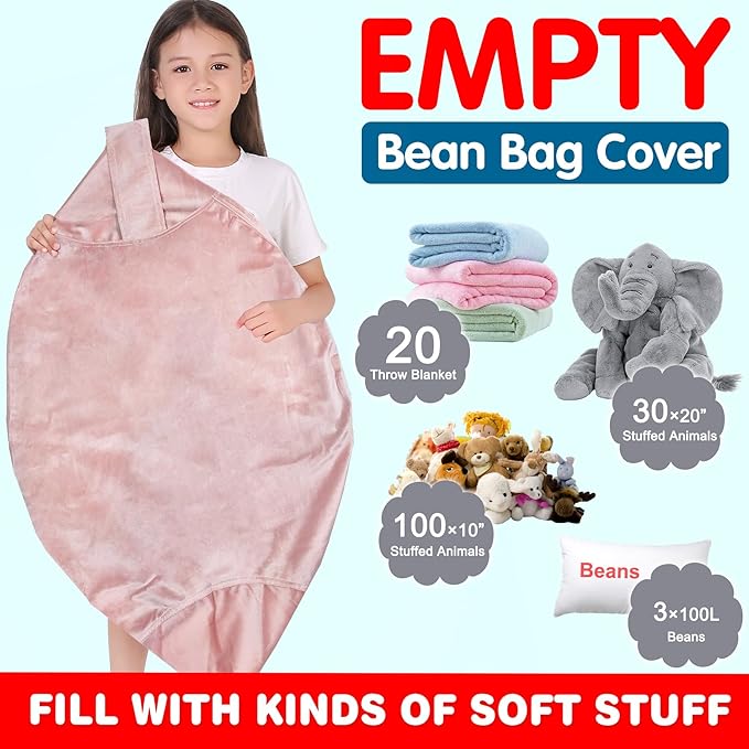Lukeight Stuffed Animal Storage Bean Bag Chair Cover for Kids, Zipper Beanbag Chair Cover for Organizing Toddler & Kids' Rooms Plush Toys (Pink Velvet, XX-Large)
