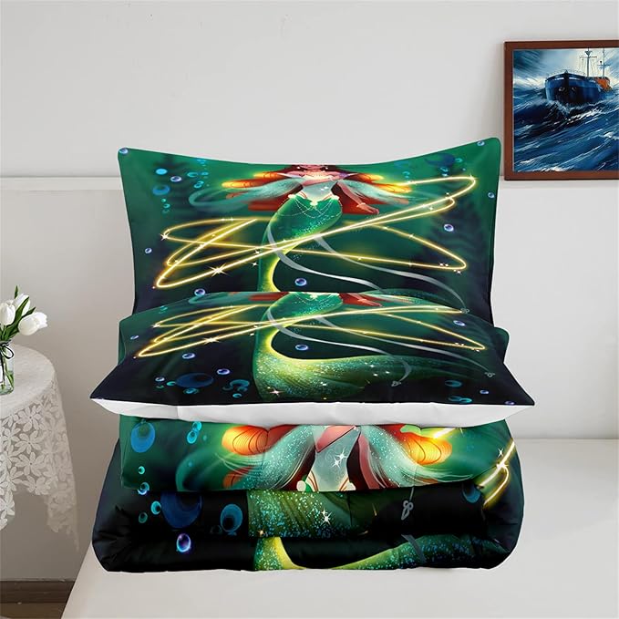 Mermaid Full Size Bedding Set Mermaid Bedding Full Bubble Mermaid Set for Girls Beautiful Mermaid Fairy Tale Bedding Set with 1 Comforter and 2 Pillowcases for Girls Bedroom Decor, Full Size