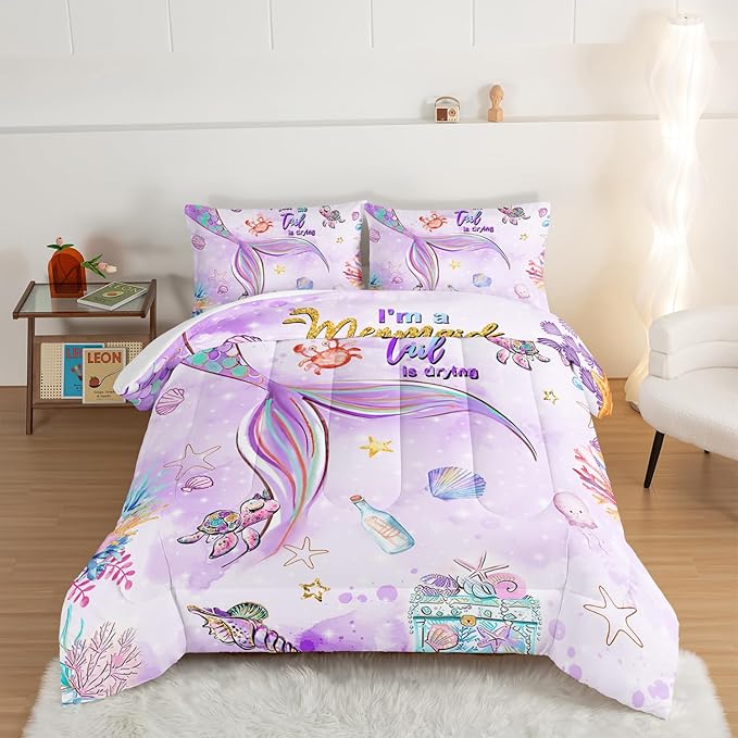 HOSIMA Kids Mermaid Comforter Set with 2 Pillowcases,Watercolor Ocean Life Sea Animal Mermaid Tail Pattern Bedding Set,Light Purpl King Size Comforter Set for Teens Girls Women Bedroom Decor.