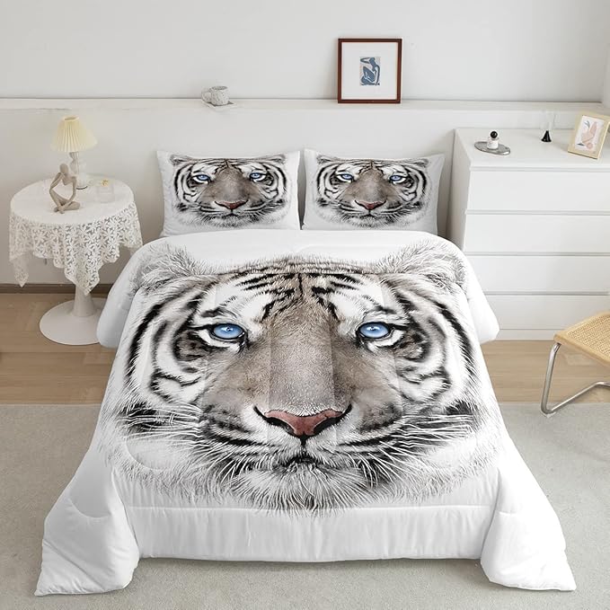 Erosebridal Boys Tiger Comforter Set Queen Size, Wild Animal Print Down Comforter for Boys Girls Teens Adult Bedroom, Grey Tiger Skin Duvet Insert Black White Stripe Bedding Comforters for Bedroom