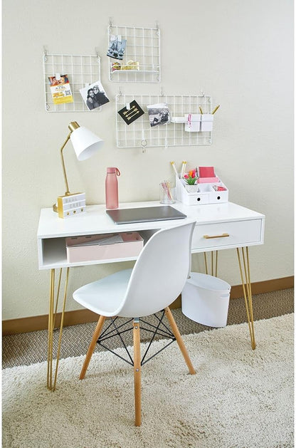 mDesign Metal/Wood Modern Computer Desk - Minimalist Desk and Computer Table with Drawer - Simple Desk with Storage Cubby and Hairpin Legs - Small Work Desk for Home Office, Study - White/Soft Brass
