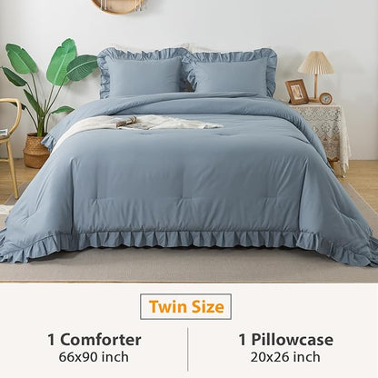 Andency Grayish Blue Twin Size Comforter(66x90Inch), 2 Pieces(1 Ruffle Comforter and 1 Pillowcase) Solid Farmhouse Shabby Chic Comforter, Lightweight and Soft Microfiber Bedding Set for All Season