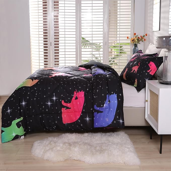 ENCOFT Comforter Set Queen for Girls and Boys, Premium 3 Piece Cats Bedding Set Black, Comfortable and Breathable for Teens and Adults, 1 Comforter and 2 Pillowcases