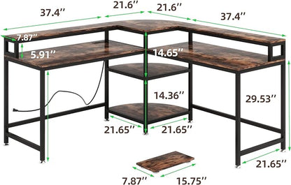 TIYASE L Shaped Desk with Power Outlet and USB Port, 59 in L-Shaped Computer Corner Desk with Storage Shelves, Home Office Desk Workstation with Monitor Stand, Tower Shelf, Rustic Brown