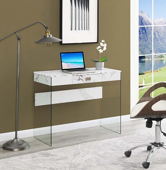Convenience Concepts SoHo 1 Drawer Glass 36 inch Desk, White Faux Marble/Glass