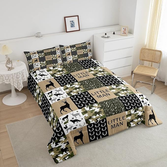 Manfei Deer Antlers Animals Silhouette Comforter Set Full,Camo Geometric Checks Bedding Set 3pcs for Kids Adults Room Decor,Nordic Boho Arrow Quilt Set,Vintage Green Duvet Insert with 2 Pillowcases