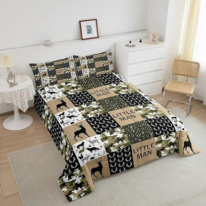 Manfei Deer Antlers Animals Silhouette Comforter Set Full,Camo Geometric Checks Bedding Set 3pcs for Kids Adults Room Decor,Nordic Boho Arrow Quilt Set,Vintage Green Duvet Insert with 2 Pillowcases
