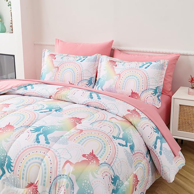 Twin Comforter Set for Girls, 6 Pieces Bed in a Bag, Colorful Unicorn Bedding Comforter Sheet Set, Ultra Soft and Fluffly, Pink & Rainbow Color, Colorful Bed in a Bag for Girls