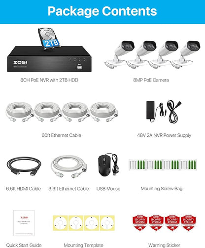 ZOSI 4K Spotlight PoE Security Camera System,8 Port 16CH 8MP NVR with 2TB HDD,4pcs 4K Outdoor Indoor PoE IP Cameras with 2 Way Audio and Siren,Night Vision,Person Vehicle Detection,for 24/7 Recording
