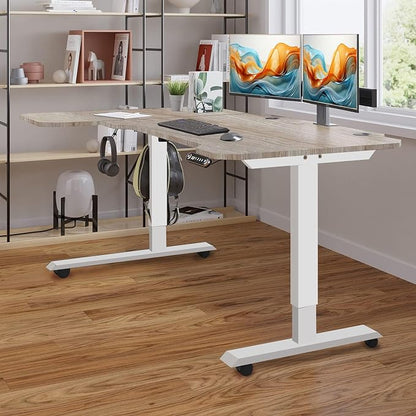 Adjustable Height L-Shaped Electric 59 Inch Sit-Stand Computer Desk with 3 Splice Boards, Lockable Casters-Ideal for Home Office, 59Inch, Oak