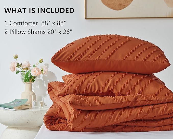 CozyLux Queen Comforter Set Burnt Orange - 3 Pieces Terracotta Boho Tufted Shabby Chic Bedding Comforter Set for All Seasons, Chevron Bedding Sets with Comforter & 2 Pillow Shams