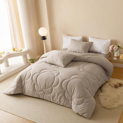 Khaki Flower Comforter Full Light Champagne Sunflower Print Bed Full Comforter 3 PCs Champagne Floral Comforter Set for Boys Girls Teens Bedroom Decor All Season Hotel Quality Comforter