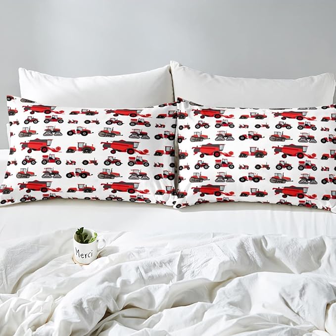Erosebridal Red Tractor Comforter Set Full Size Heavy Equipment Truck Down Comforter Kids Boys Girls Teens Harvester Tractor Bedding Set Construction Excavator Farm Equipment Quilt Set
