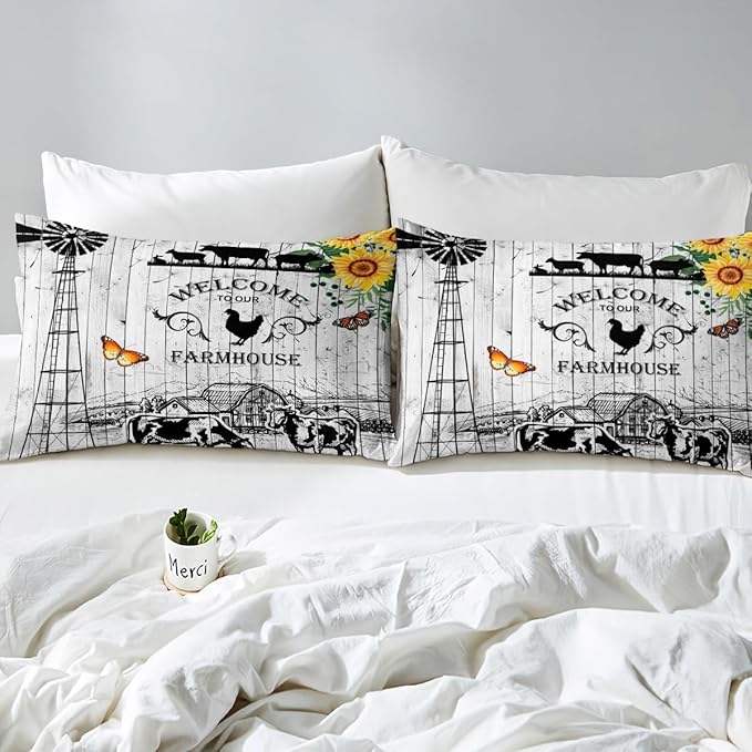 Rustic Western Comforter Set, Western Cow Bull Bedding Queen For Boys Teens Youth, Tribal Windmill Farmhouse Southwestern Bedding Comforter Sets for Women Men, Woodland Animals Quilt, 2 Pillowcases