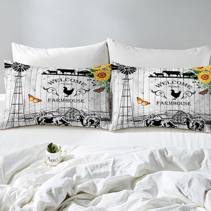Erosebridal Windmill Bedding King Size, Rustic Farmhouse Comforter Set Retro Vintage Windmill Bedding Comforter Sets, Wooden Planks Barn Door Down Comforter with 2 Pillowcases for All Season